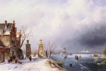 Carlos Leickert Painting - Belga de 1818 a 1907Un paisaje invernal iluminado por el sol de Lansca Charles Leickert